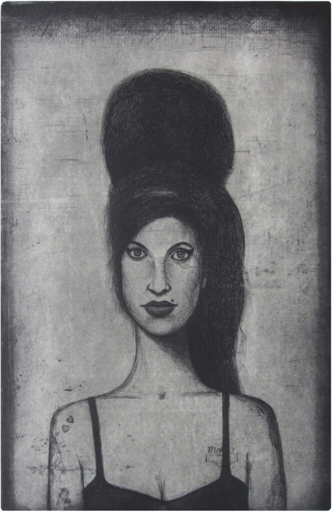 amy winehouse etching by guido pigni 2014, etching, aquatint and drypoint. Edition of 15, hand signed and numbered by the artist. Printed on Hahnemühle paper 350 gsm. Plate size cm 50×32, paper size cm 70×50