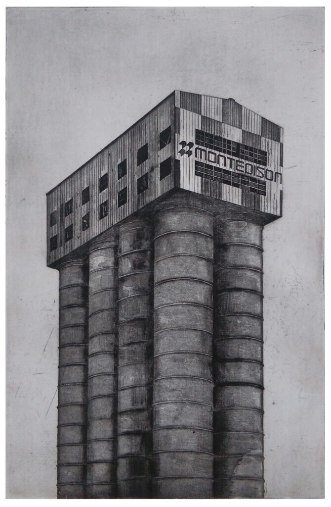 Vinavil silo 2016, etching, aquatint and drypoint. Edition of 20, hand signed and numbered by the artist.Printed on Hahnemühle paper 350 gsm. Plate size cm 32×49, paper size cm 50×70